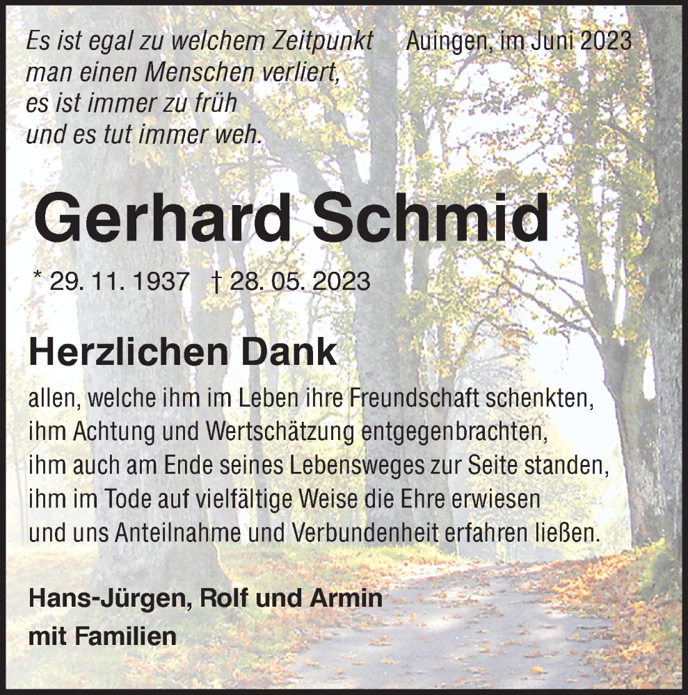 Traueranzeige für Gerhard Schmid vom 16.06.2023 aus Alb-Bote/Metzinger-Uracher Volksblatt