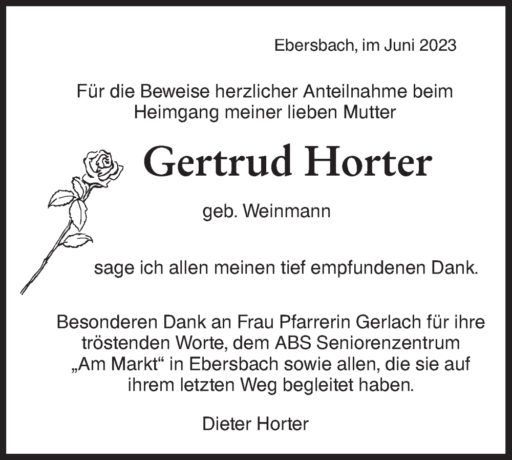  Traueranzeige für Gertrud Horter vom 30.06.2023 aus NWZ Neue Württembergische Zeitung