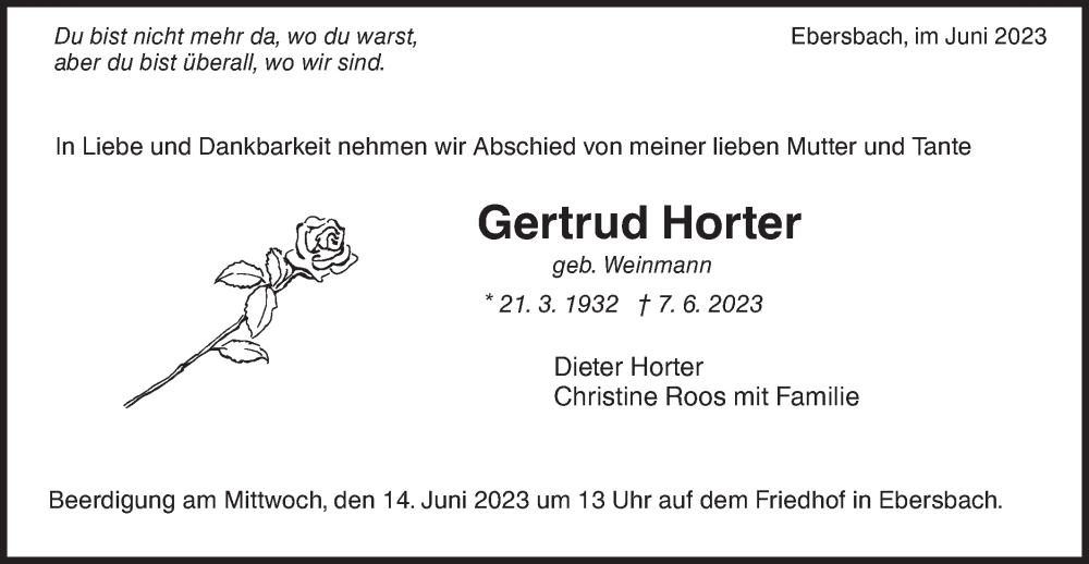  Traueranzeige für Gertrud Horter vom 10.06.2023 aus NWZ Neue Württembergische Zeitung
