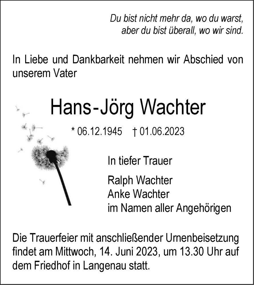  Traueranzeige für Hans-Jörg Wachter vom 10.06.2023 aus SÜDWEST PRESSE Ausgabe Ulm/Neu-Ulm