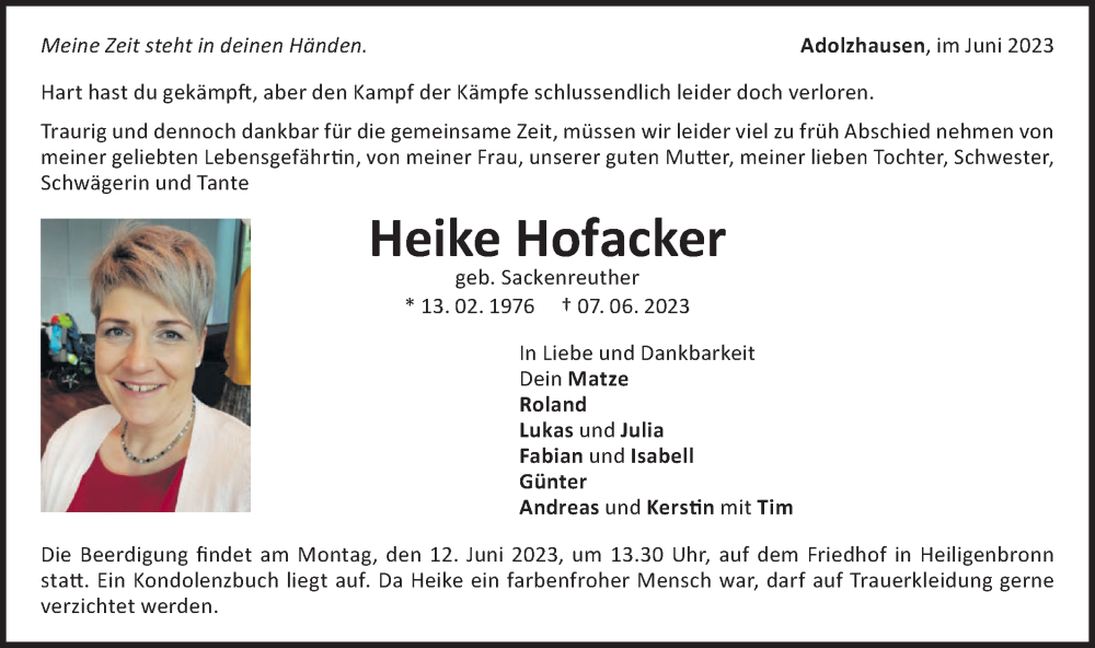  Traueranzeige für Heike Hofacker vom 10.06.2023 aus Hohenloher Tagblatt