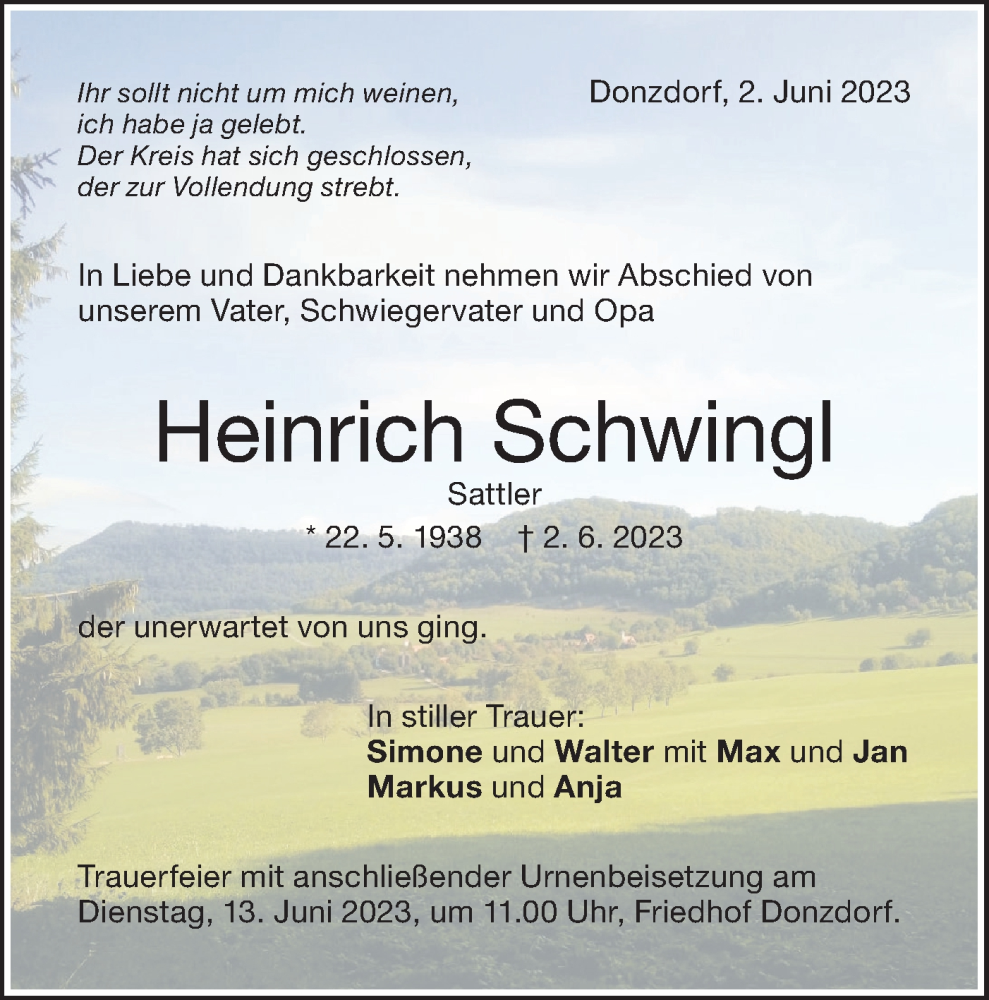  Traueranzeige für Heinrich Schwingl vom 10.06.2023 aus NWZ Neue Württembergische Zeitung