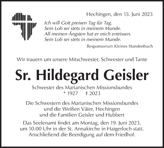 Traueranzeige von Hildegard Geisler von Hohenzollerische Zeitung
