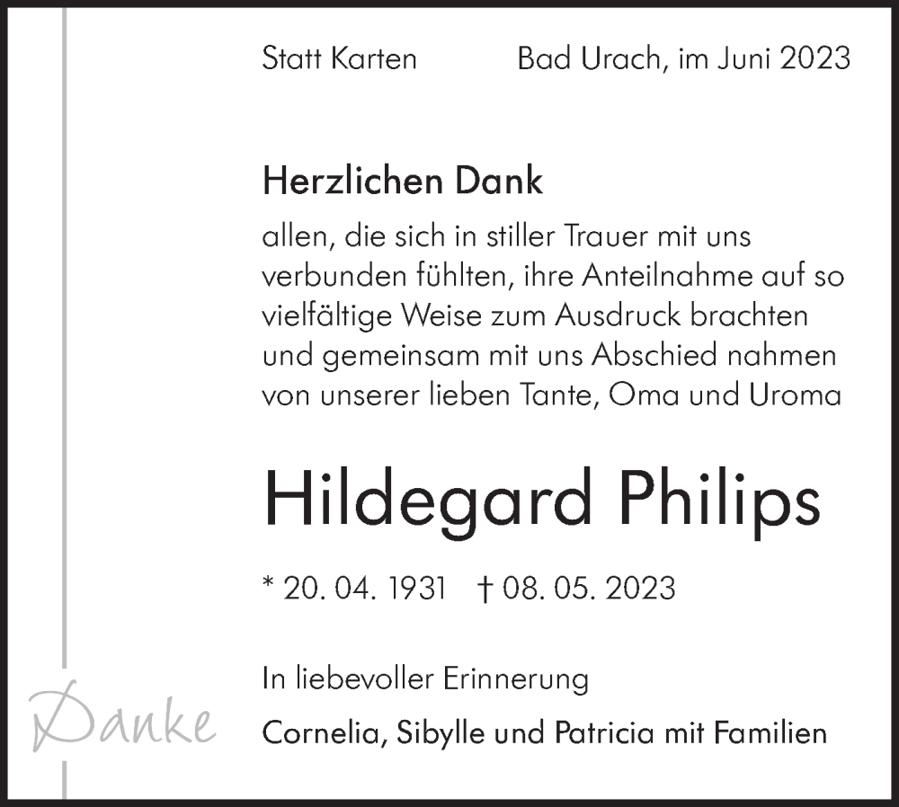  Traueranzeige für Hildegard Philips vom 03.06.2023 aus SÜDWEST PRESSE/SÜDWEST PRESSE