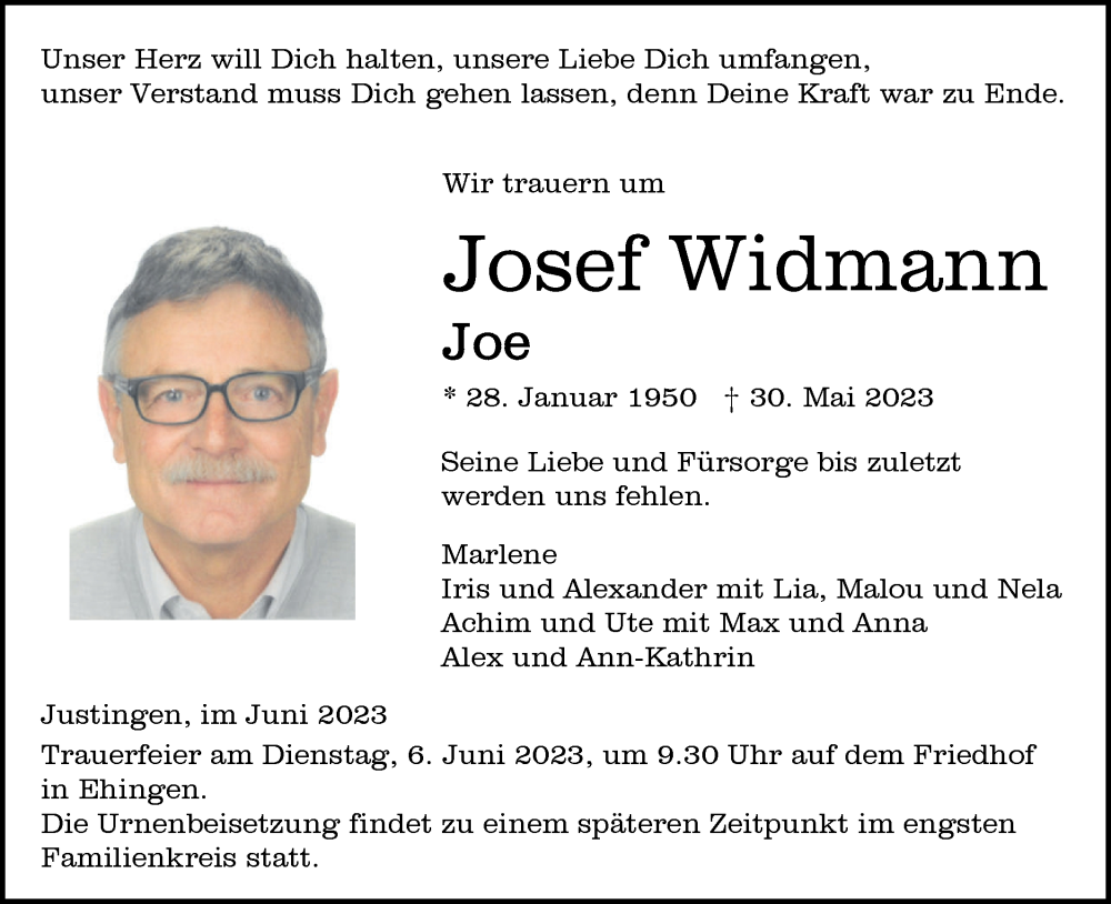  Traueranzeige für Josef Widmann vom 03.06.2023 aus Ehinger Tagblatt