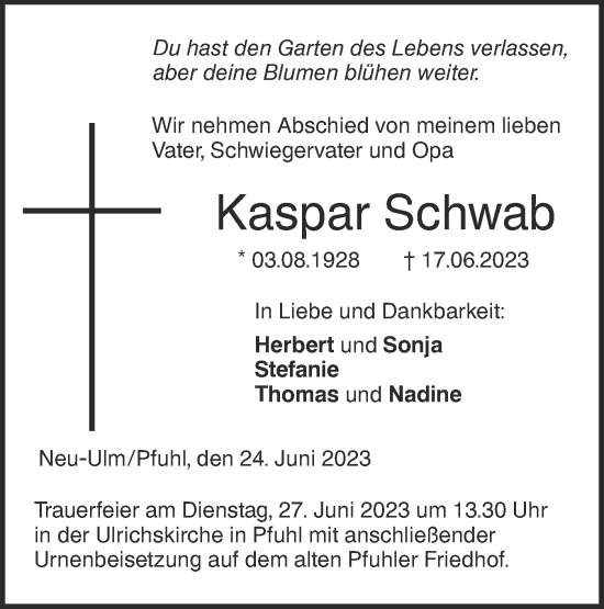 Traueranzeige von Kaspar Schwab von SÜDWEST PRESSE Ausgabe Ulm/Neu-Ulm