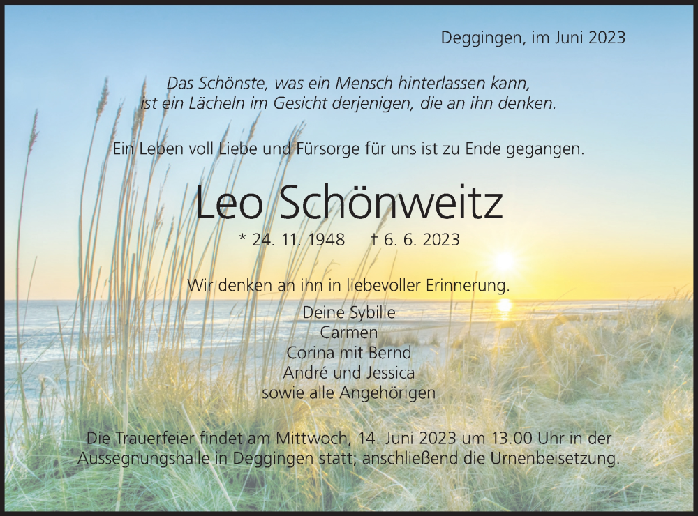 Traueranzeige für Leo Schönweitz vom 10.06.2023 aus Geislinger Zeitung