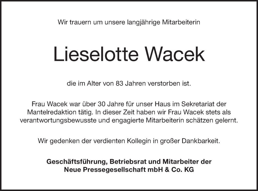  Traueranzeige für Lieselotte Wacek vom 10.06.2023 aus SÜDWEST PRESSE Ausgabe Ulm/Neu-Ulm