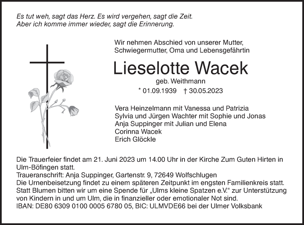  Traueranzeige für Lieselotte Wacek vom 10.06.2023 aus SÜDWEST PRESSE Ausgabe Ulm/Neu-Ulm