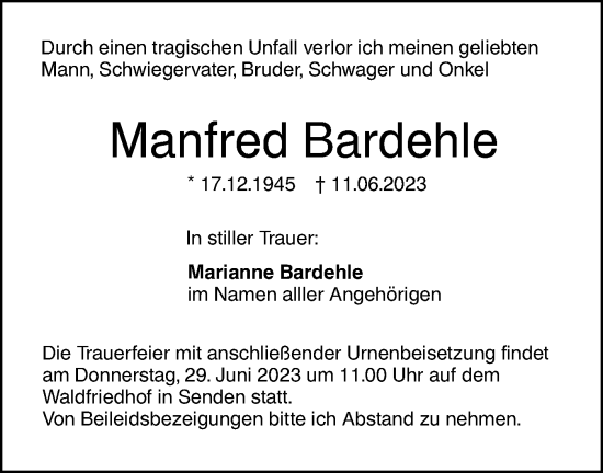 Traueranzeige von Manfred Bardehle von SÜDWEST PRESSE Ausgabe Ulm/Neu-Ulm