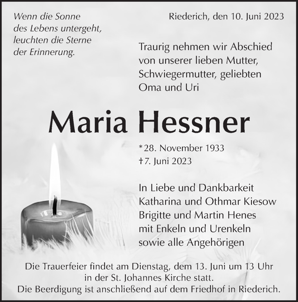  Traueranzeige für Maria Hessner vom 10.06.2023 aus SÜDWEST PRESSE/SÜDWEST PRESSE