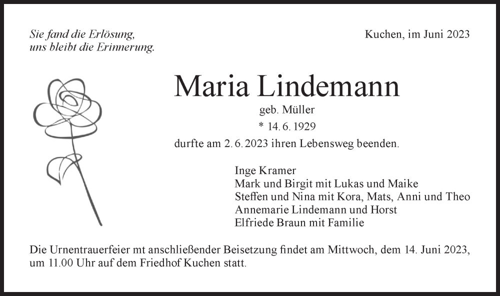  Traueranzeige für Maria Lindemann vom 09.06.2023 aus NWZ Neue Württembergische Zeitung/Geislinger Zeitung