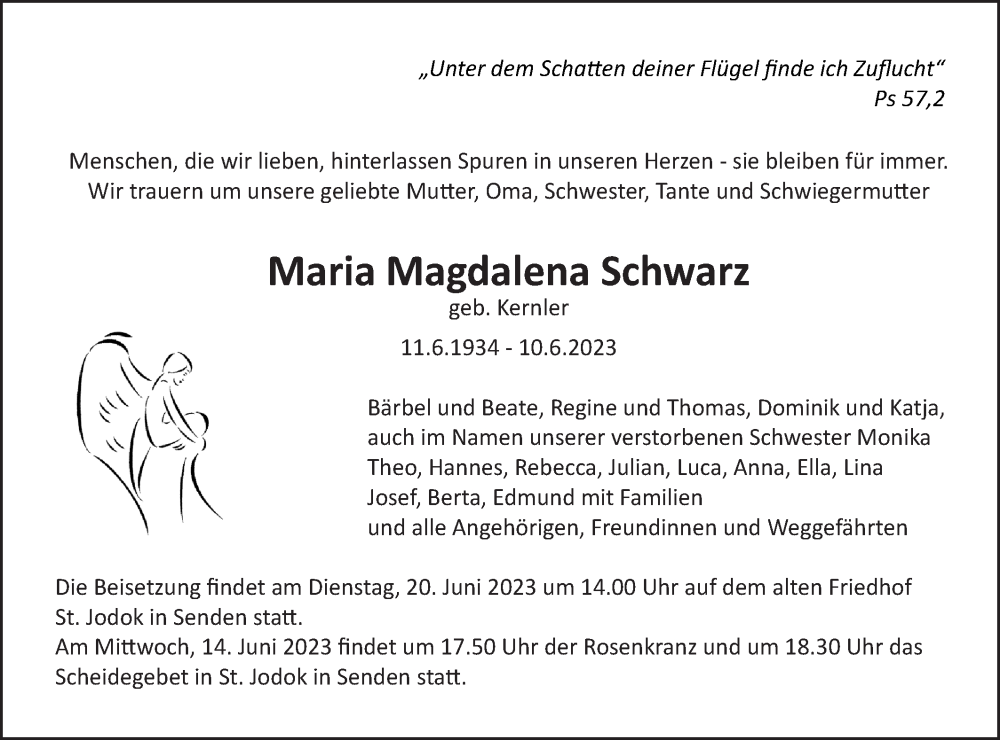  Traueranzeige für Maria Magdalena Schwarz vom 14.06.2023 aus SÜDWEST PRESSE Ausgabe Ulm/Neu-Ulm