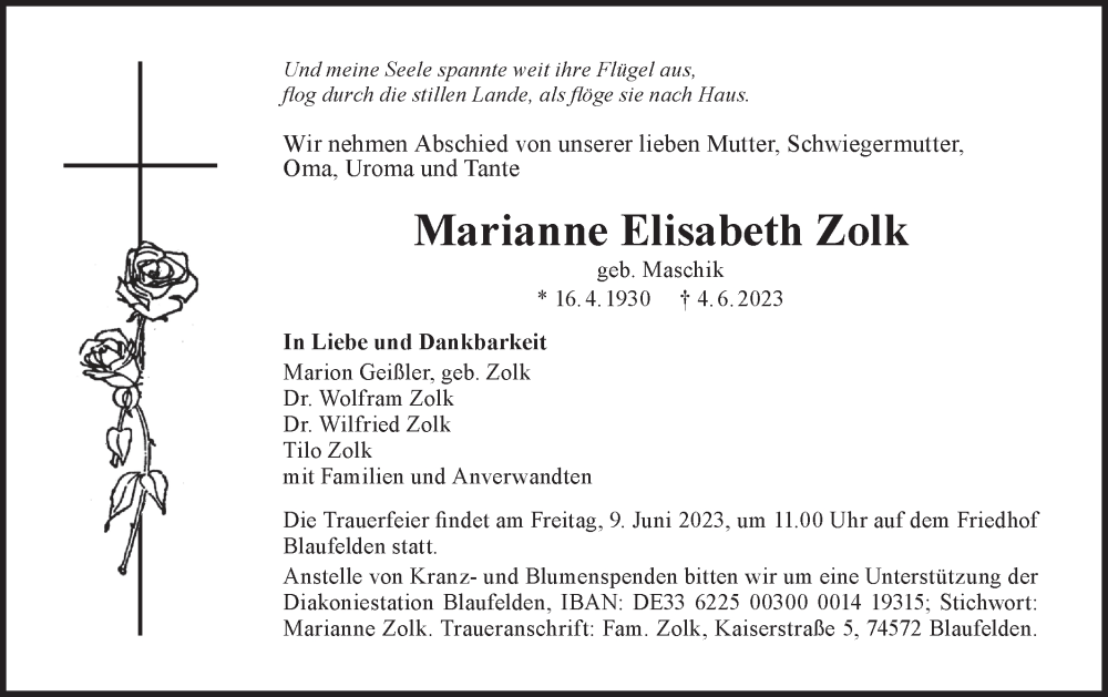  Traueranzeige für Marianne Elisabeth Zolk vom 07.06.2023 aus Hohenloher Tagblatt