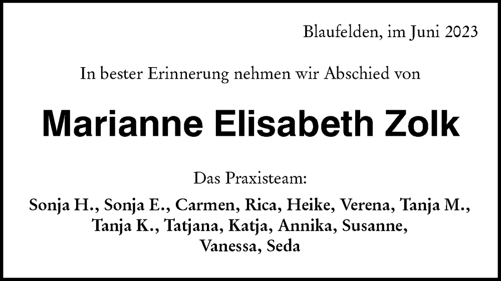  Traueranzeige für Marianne Elisabeth Zolk vom 09.06.2023 aus Hohenloher Tagblatt