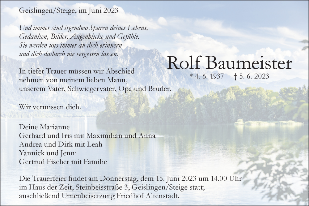  Traueranzeige für Rolf Baumeister vom 10.06.2023 aus Geislinger Zeitung