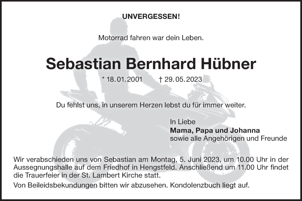  Traueranzeige für Sebastian Bernhard Hübner vom 03.06.2023 aus Hohenloher Tagblatt