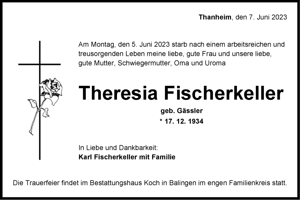 Traueranzeige für Theresia Fischerkeller vom 07.06.2023 aus Hohenzollerische Zeitung