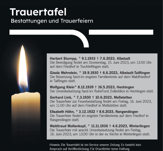 Traueranzeige von Totentafel vom 14.06.2023 von Hohenzollerische Zeitung