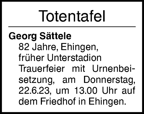 Traueranzeige von Totentafel vom 19.06.2023 von Ehinger Tagblatt