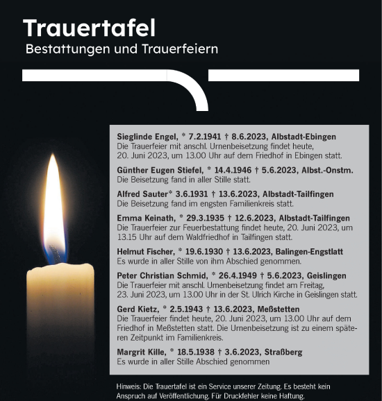 Traueranzeige von Totentafel vom 20.06.2023 von Hohenzollerische Zeitung