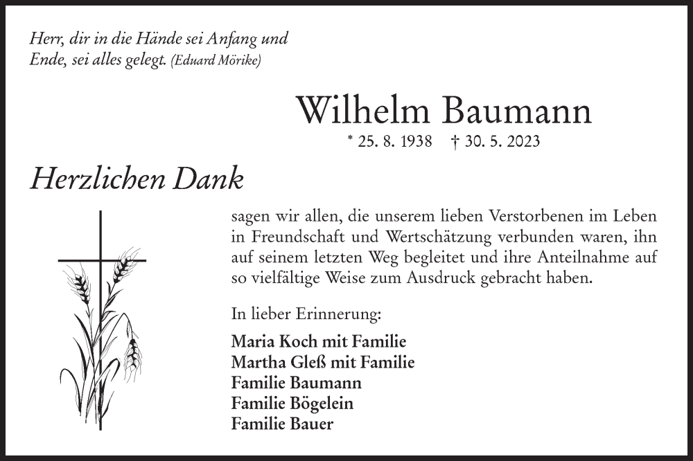  Traueranzeige für Wilhelm Baumann vom 23.06.2023 aus Hohenloher Tagblatt