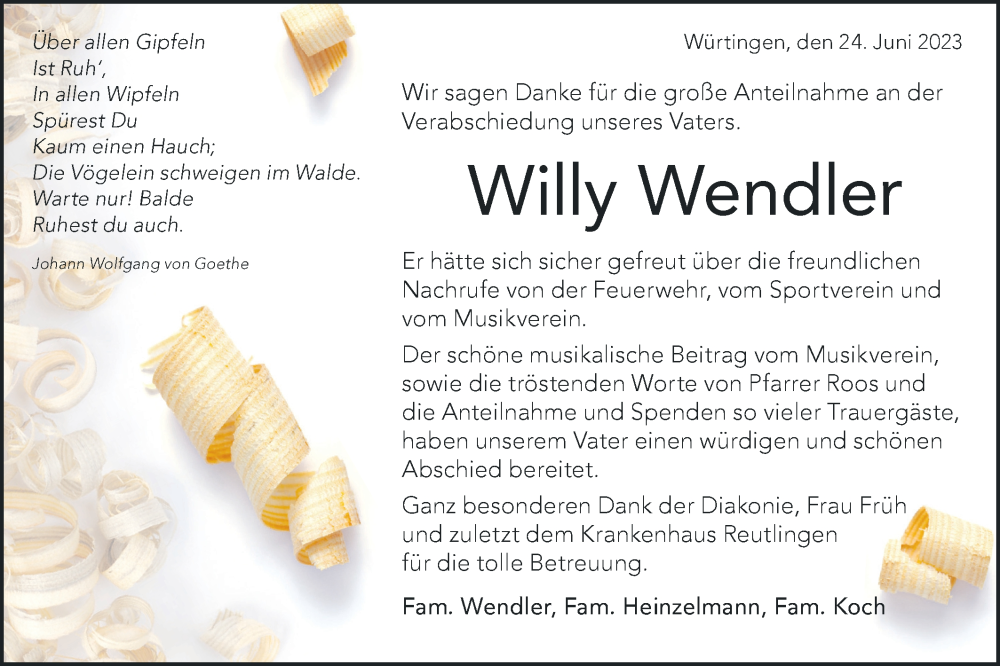  Traueranzeige für Willy Wendler vom 24.06.2023 aus SÜDWEST PRESSE/SÜDWEST PRESSE