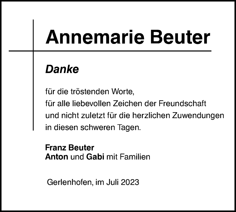  Traueranzeige für Annemarie Beuter vom 29.07.2023 aus SÜDWEST PRESSE Ausgabe Ulm/Neu-Ulm
