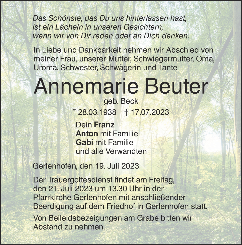  Traueranzeige für Annemarie Beuter vom 19.07.2023 aus SÜDWEST PRESSE Ausgabe Ulm/Neu-Ulm