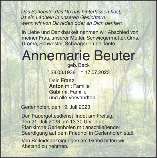 Traueranzeige von Annemarie Beuter von SÜDWEST PRESSE Ausgabe Ulm/Neu-Ulm