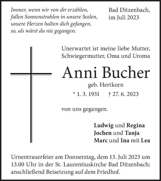 Traueranzeige von Anni Bucher von Geislinger Zeitung