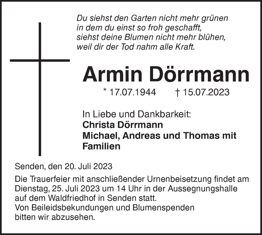  Traueranzeige für Armin Dörrmann vom 20.07.2023 aus SÜDWEST PRESSE Ausgabe Ulm/Neu-Ulm