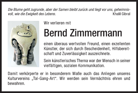 Traueranzeige von Bernd Zimmermann von Hohenzollerische Zeitung