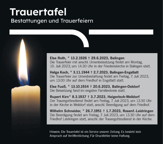 Traueranzeige von Bestattungen vom 06.07.2023 von Hohenzollerische Zeitung