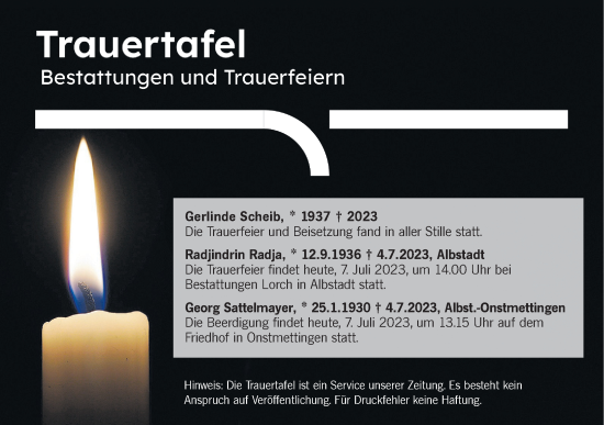 Traueranzeige von Bestattungen vom 07.07.2023 von Hohenzollerische Zeitung