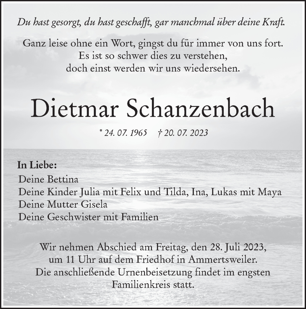  Traueranzeige für Dietmar Schanzenbach vom 25.07.2023 aus Haller Tagblatt