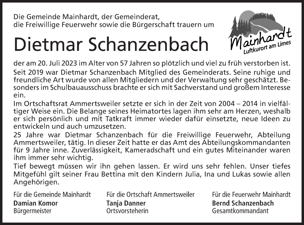  Traueranzeige für Dietmar Schanzenbach vom 26.07.2023 aus Haller Tagblatt