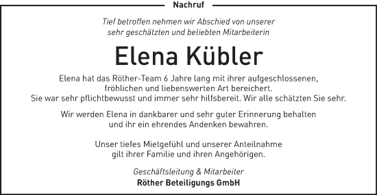 Traueranzeige von Elena Kübler von Haller Tagblatt