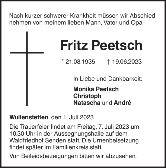 Traueranzeige von Fritz Peetsch von SÜDWEST PRESSE Ausgabe Ulm/Neu-Ulm