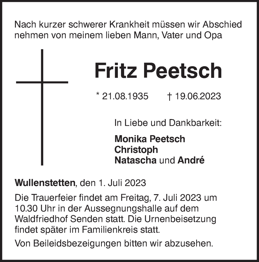  Traueranzeige für Fritz Peetsch vom 01.07.2023 aus SÜDWEST PRESSE Ausgabe Ulm/Neu-Ulm