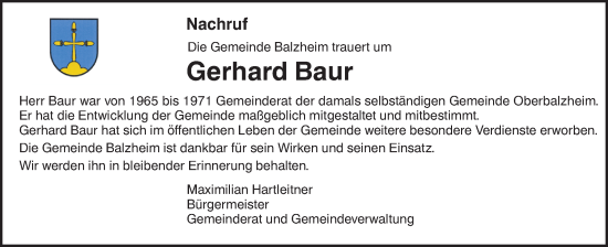 Traueranzeige von Gerhard Baur von SÜDWEST PRESSE Ausgabe Ulm/Neu-Ulm