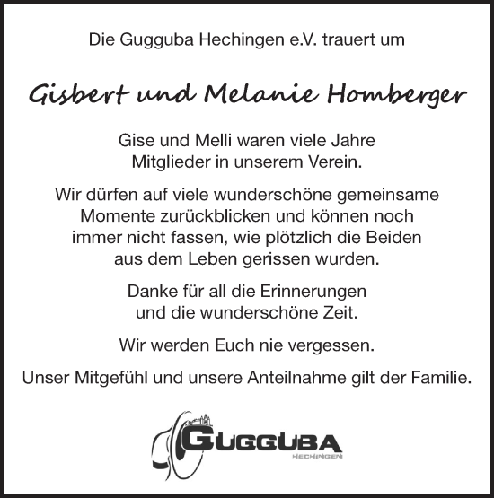 Traueranzeige von Gisbert Homberger von Hohenzollerische Zeitung