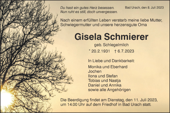Traueranzeige von Gisela Schmierer von Metzinger-Uracher Volksblatt