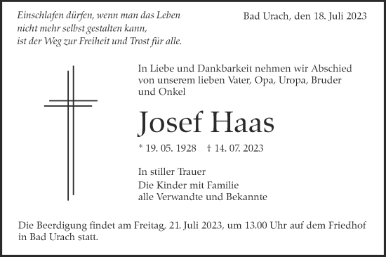 Traueranzeige von Josef Haas von SÜDWEST PRESSE/SÜDWEST PRESSE