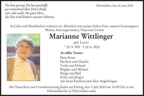 Traueranzeige von Marianne Wittlinger von NWZ Neue Württembergische Zeitung