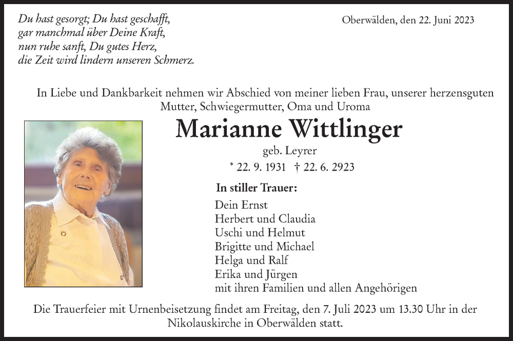  Traueranzeige für Marianne Wittlinger vom 01.07.2023 aus NWZ Neue Württembergische Zeitung
