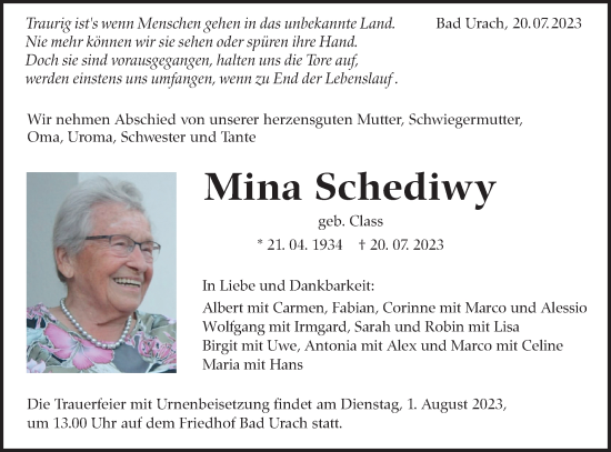 Traueranzeige von Mina Schediwy von Alb-Bote/Metzinger-Uracher Volksblatt