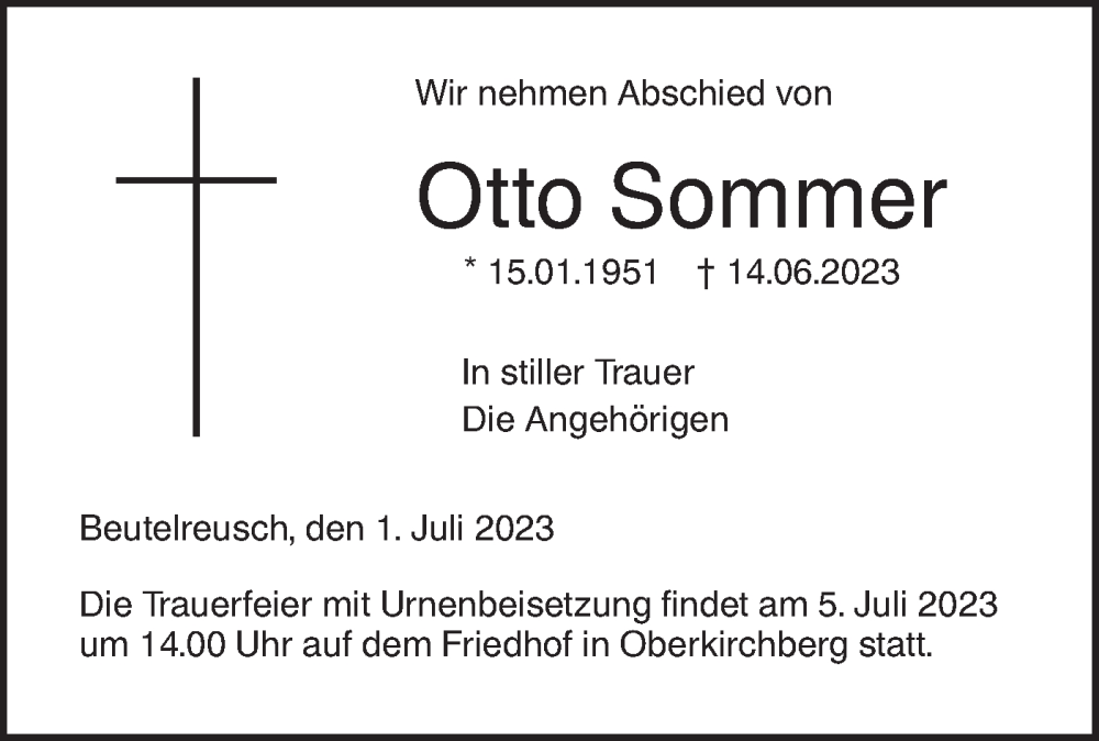 Traueranzeige für Otto Sommer vom 01.07.2023 aus SÜDWEST PRESSE Ausgabe Ulm/Neu-Ulm