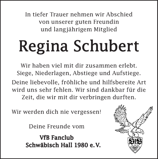 Traueranzeige von Regina Schubert von Haller Tagblatt