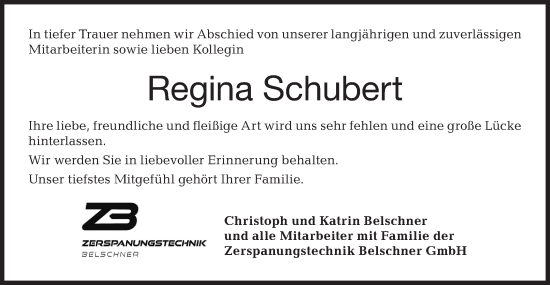 Traueranzeige von Regina Schubert von Haller Tagblatt